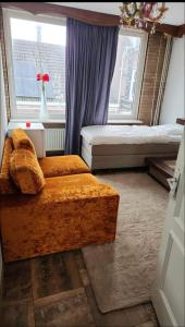 蒂尔堡Private room in the centre of Tilburg的一间卧室设有两张床和窗户。