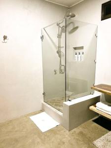 QuesadaCasa Boho的浴室里设有玻璃门淋浴