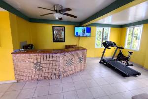 2 bedroom suite Peguyille的一间设有跑步机的健身房,位于一间拥有黄色墙壁的房间