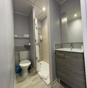 博蒙昂韦龙Le Petit Logis的浴室配有卫生间、盥洗盆和淋浴。