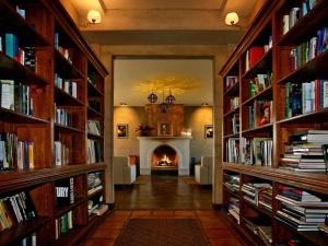 瓜达鲁佩镇La Villa del Valle的藏有书籍和壁炉的图书馆
