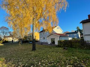 耶夫勒Park House Gävle - a modern renovated house in the park - 5A的一座有房子的院子中的黄树