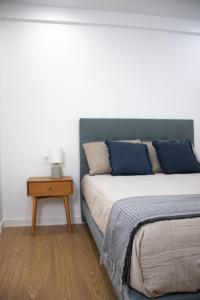 阿尔巴塞特Apartamentos Fleming的一间卧室配有一张带蓝色枕头的床和一张桌子