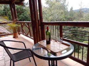 麦德林La Casona Del Retiro的阳台上的桌子上放着两杯酒和一瓶葡萄酒