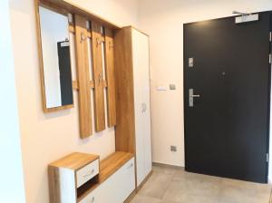 威利兹卡Garden Apartment的浴室设有黑色的门和镜子