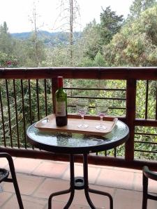 麦德林La Casona Del Retiro的阳台上的桌子上放有一瓶葡萄酒和两杯酒