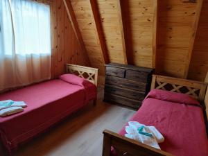 胡宁德洛斯安第斯COMPLEJO AIKEN CURA的小木屋内一间卧室,配有两张床