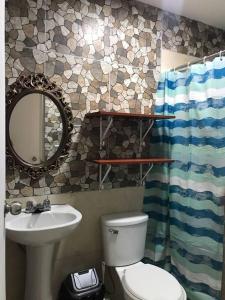 利马595 Departamento en Chorrillos的一间带卫生间、水槽和镜子的浴室