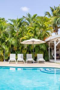 威廉斯塔德TUK Tropical Boutique Resort Jan Thiel的一个带椅子和遮阳伞的游泳池,并种植了棕榈树
