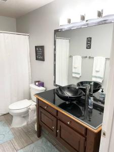 布兰森Luxury Family Condo w/ Great Views & Entertainment的一间带水槽、卫生间和镜子的浴室
