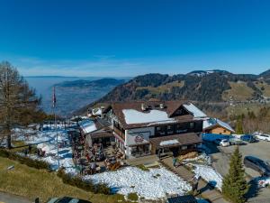 蒙特勒Le Coucou Hotel Restaurant & Lounge-Bar的享有高山滑雪小屋的空中景致