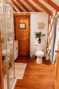 彭延Heated & AC Yurt的一间带卫生间和玻璃门的浴室