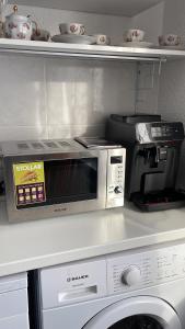 尤卡尔内Jūrkalnes dzīvoklis的厨房台面上的一个微波炉