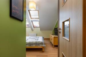 格里兹鲍Jantar Apartamenty - Spacerowa 38的一间卧室配有一张床,部分设有天窗