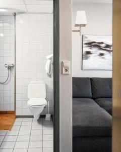 莫舍恩Frøken Skjolds Hotel Lyngengården的带沙发和卫生间的浴室