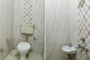 瓦拉纳西FabHotel Shivam Palace的浴室的两张照片,配有卫生间和水槽