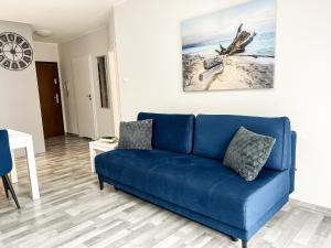 弗瓦迪斯瓦沃沃Apartamenty Jasny Brzeg的客厅里一张蓝色的沙发,墙上挂着一幅画