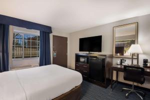 锡拉丘兹Clarion Pointe Downtown的酒店客房配有一张床、一张书桌和一台电视。