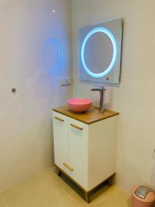 勒卡内Brise des Pins的一个带水槽和碗在柜台上的浴室