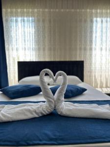 帕莫卡莱Paradise Boutique hotel的两个天鹅在床上心跳