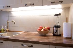 萨格勒布Vedrana-Free garage的碗苹果放在厨房柜台上,配搅拌机