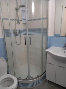 圣托斯特凡诺港Residence Sole Dell'Argentario的带淋浴、卫生间和盥洗盆的浴室