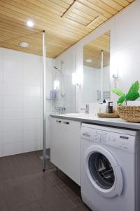 坦佩雷Rauhallinen kolmio omalla saunalla Tampereen keskustassa的一间带盥洗盆的浴室内的洗衣机