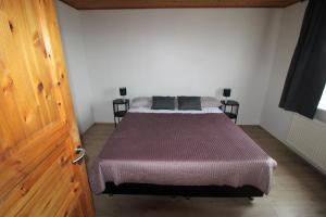 胡萨维克Húsavík Apartments的一间卧室配有一张带紫色毯子的床