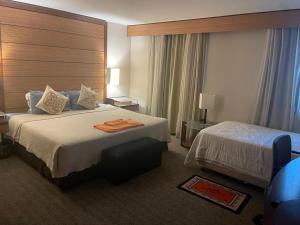 圣保罗Ibirapuera hotel 5 estrelas 2 suites的酒店客房带两张床和一个大床头板