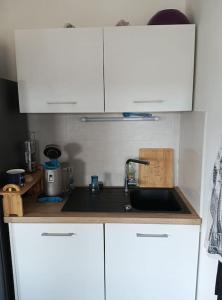 图卢兹Appartement T2 très lumineux + PKG的厨房配有白色橱柜和水槽