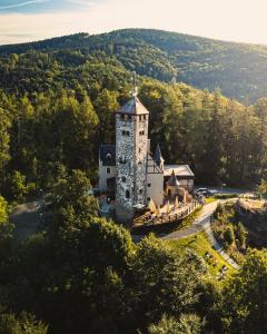 利贝雷茨Wellness Hotel Liberecká Výšina的森林中间的一座古老城堡