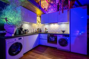 德累斯顿N vogue Apartment - Außergewöhnliche Unterkunft in Zentrumsnähe的紫色的厨房配有洗衣机和烘干机