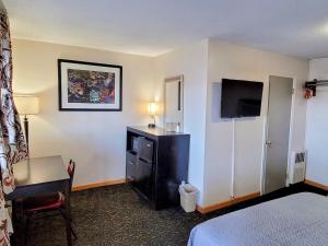 尼亚加拉瀑布Woodland Inn的酒店客房配有一张床、一张书桌和一台电视。