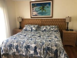 帕姆港Florida Condos on Lake Tarpon的卧室配有一张床,墙上挂有绘画作品