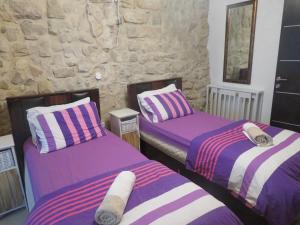 萨法德אורות בעתיקה - צימרים ונופש בצפת的紫白色客房的两张床