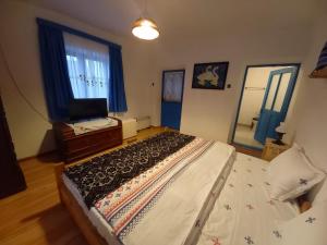 穆里吉奥尔Casa Traditionala Clisciova的一间卧室配有一张床、梳妆台和镜子