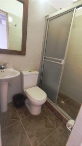 梅尔加HOTEL MACEO MELGAR的浴室配有卫生间、盥洗盆和淋浴。
