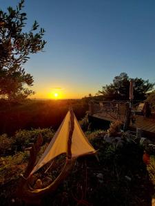 科斯基努Villa René的草顶帐篷,背景是日落