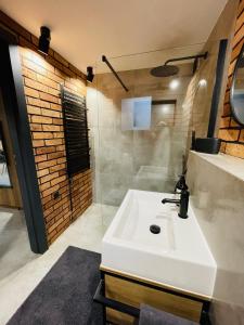 希莱辛Balans nad Jeziorem的浴室配有白色水槽和淋浴。