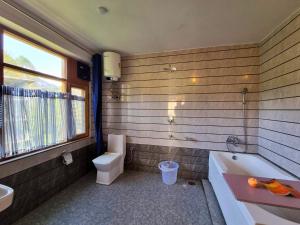 马拉里The Bunker Burwa Manali的浴室配有卫生间、盥洗盆和浴缸。