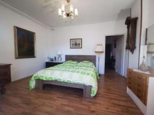 路次亚Pri Noni "IstraCycle"的一间卧室配有一张带绿色和白色棉被的床