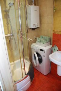 格涅兹诺Apartament Juliusz的带淋浴和洗衣机的浴室