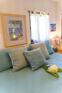 帕霍阿Ocean View Black Sand Beach House @ Kehena beach HI的一张带枕头的蓝色床和花朵