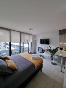 特木科Apartamentos Bauerle Curitiba的一间带大床的卧室和一间客厅