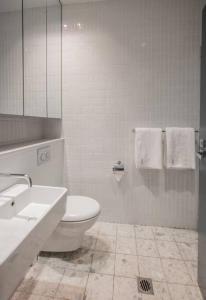 悉尼Eggies Nest - Sydney City Apartment的一间带卫生间、水槽和镜子的浴室