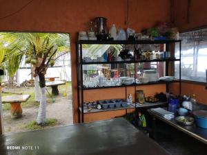 Laguna de PerlasHotel Little Queen Lobster的厨房配有柜台和餐具架