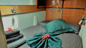 RotoavaAquaLodge Fakarava的一张床上有绿色连衣裙的床