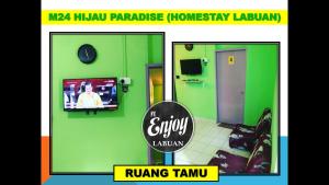 拉布安HOMESTAY HIJAU M24 VVIP LaBUAN的一张绿色房间的照片,里面设有电视和标志