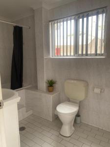North WollongongBeach Park Motel的一间带卫生间、水槽和窗户的浴室