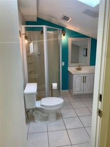 德斯坦10 H Two Bedroom Condo的浴室配有卫生间、淋浴和盥洗盆。